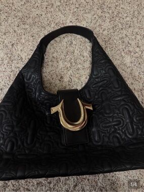 True Religion Black Quilted Shoulder Hobo with Gold-Tone Logo